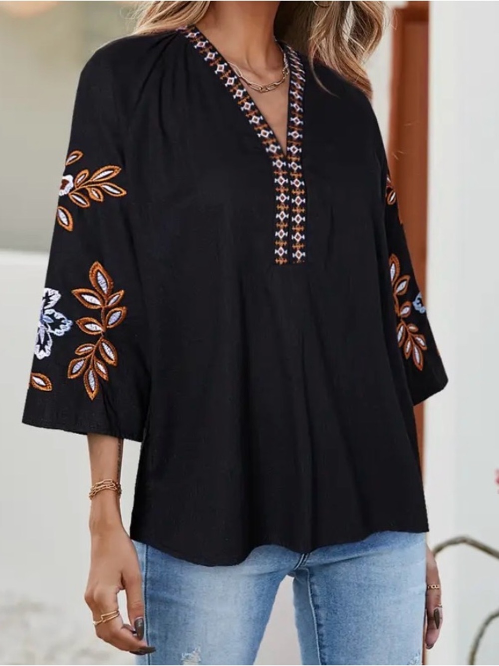 Embroidered V-Neck Black Women's Top